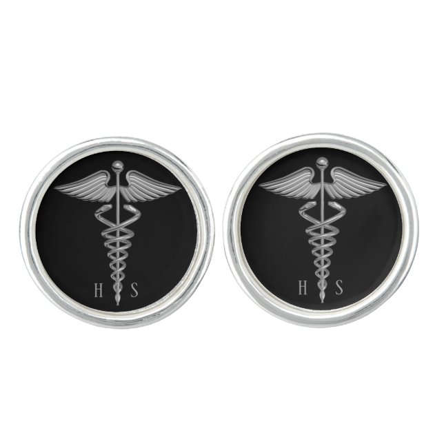 Silver Medical Caduceus on Black Personalized Cufflinks (Front)