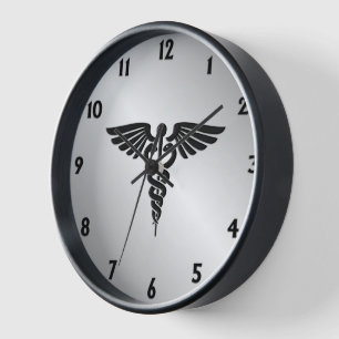 Silver Medical Caduceus w Black numbers Clock