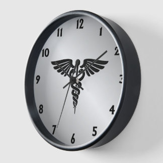 Silver Medical Caduceus w Black numbers Clock