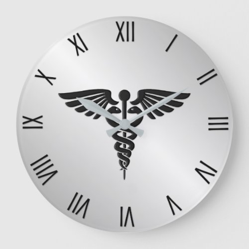 Silver Medical Caduceus w Black Numerals Large Clock