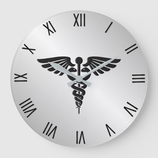 Silver Medical Caduceus w Black Numerals Large Clock (Front)