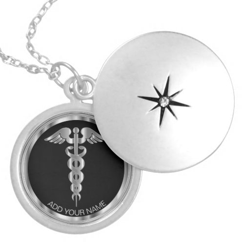 Silver Medical Symbol Caduceus _ Personalized  Locket Necklace