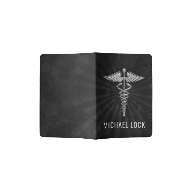 Silver Medical Symbol Personalized Nurses Doctors Passport Holder (Opened)
