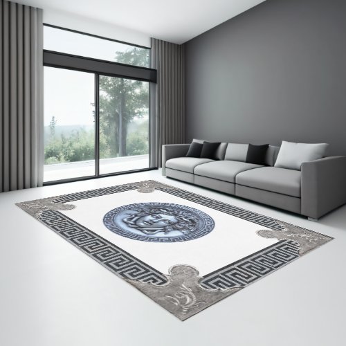 Silver Medusa Greek Key Aubusson White Area Rug