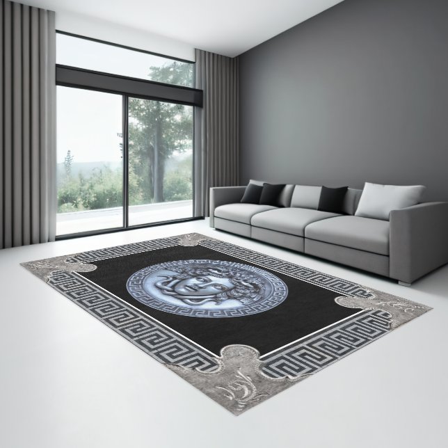 Silver Medusa with Greek Key Aubusson Transitional Rug (Insitu (Indoor 3))