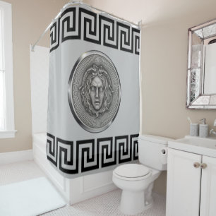 Silver Medusa with Greek Key Grey Shower Curtain