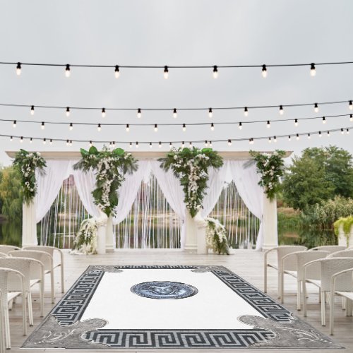 Silver Medusa with Greek Key WHITE Aubusson  Outdoor Rug