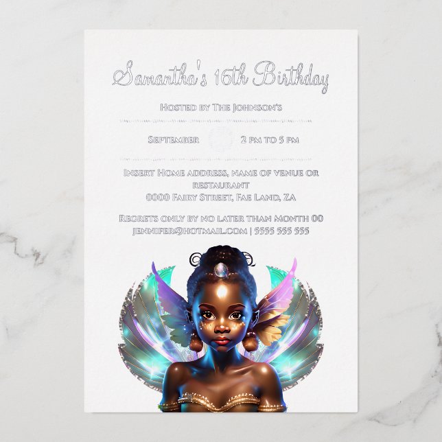 Silver melanin fairy princess enchanted real foil invitation (Front)