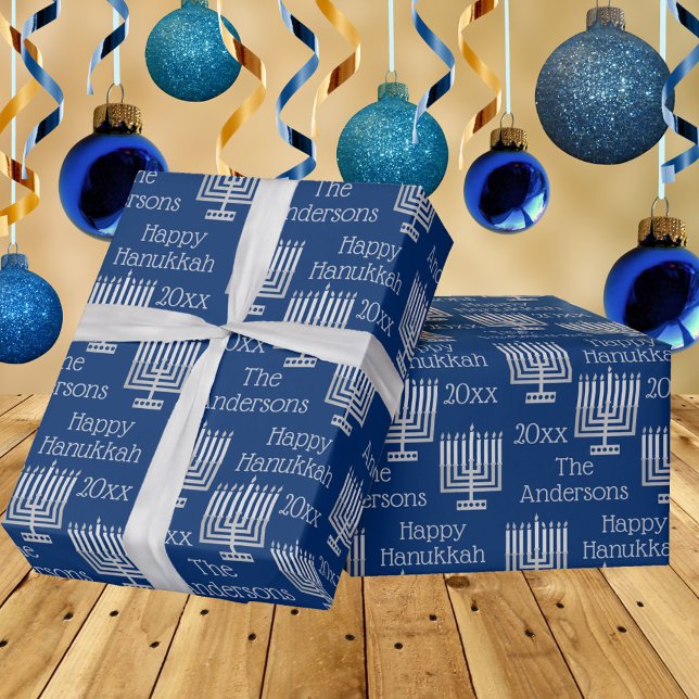 Silver Menorah Blue Chic Hanukkah Personalized Wrapping Paper (Creator Uploaded)