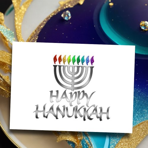 Silver Menorah Rainbow Flames Happy Hanukkah