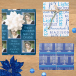 Silver Menorah Typography Photo Blue Hanukkah Wrapping Paper Sheets<br><div class="desc">Shop Hanukkah wrapping paper sheets in a fun assortment of silver Menorah stripes, blue on white typography and a personalized add your photo design. Upload your photo and personalize two separate text templates on the dark ocean blue design. Create some Chanukah cheer by adding your child's name to the typography...</div>