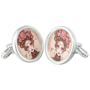 SILVER MENS BEAUTIFUL VINTAGE PINK STEAMPUNK GIRL CUFFLINKS