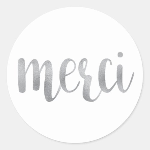 Silver merci stickers thank you foil font classic round sticker