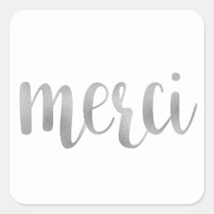 Silver merci stickers, thank you, foil font square sticker