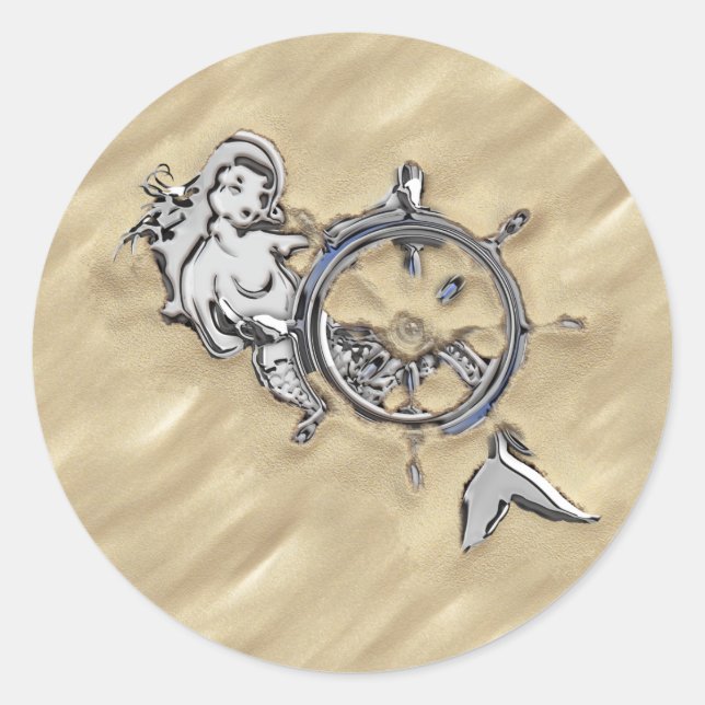 Silver Mermaid in the Sand Classic Round Sticker (Front)