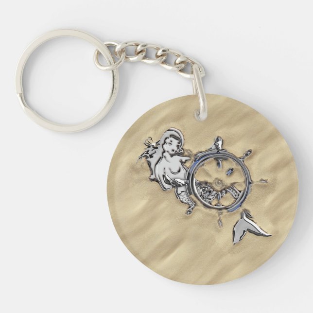 Silver Mermaid in the Sand Decor Keychain (Front)