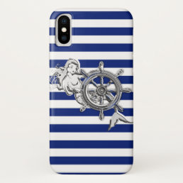 Silver Mermaid on Nautical Stripes iPhone XS Case