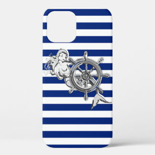 Silver Mermaid on Nautical Stripes iPhone 12 Case