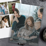 Silver Merry Christmas 5 photo collage Holiday Card<br><div class="desc">Elegant faux silver script overlay 5 custom photos,  family name and text personalized Christmas holiday card.</div>