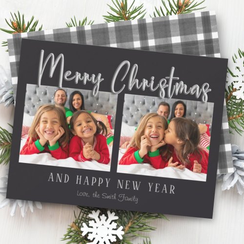 Silver Merry Christmas Bubble Letters Plaid Photo Holiday Card