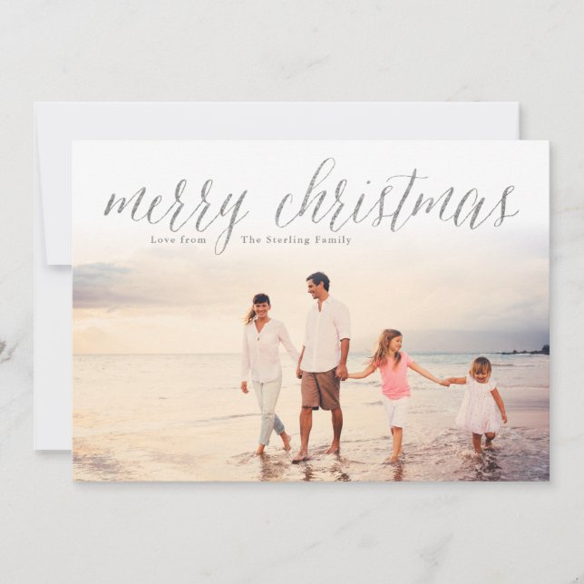 Silver Merry Christmas Glitter Look Photo Holiday Card (Front)