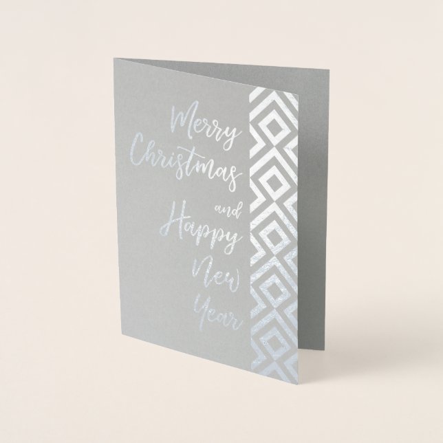Silver Merry Christmas Happy New Year Geometric Foil Card (Front)