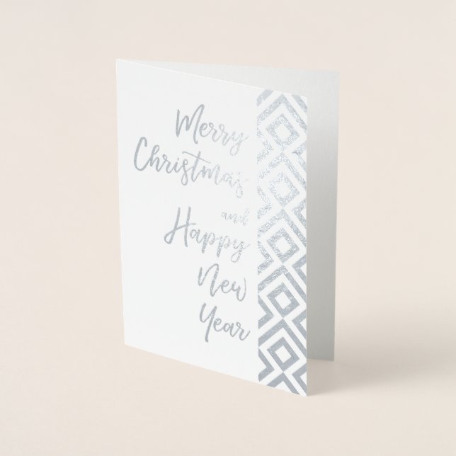 Silver Merry Christmas Happy New Year Geometric Foil Card (Front)