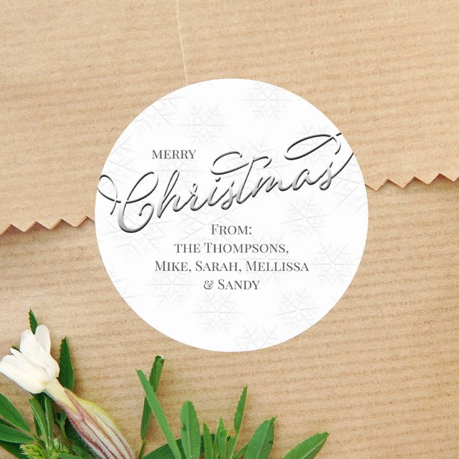 Silver Merry Christmas Personalized  Classic Round Sticker (Simple Merry Christmas holiday silver snowflake circle sticker. )