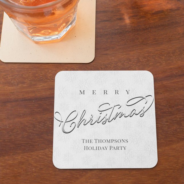 Silver Merry Christmas Script Custom Square Paper Coaster (Merry Christmas silver snowflake pattern holiday party paper coaster)