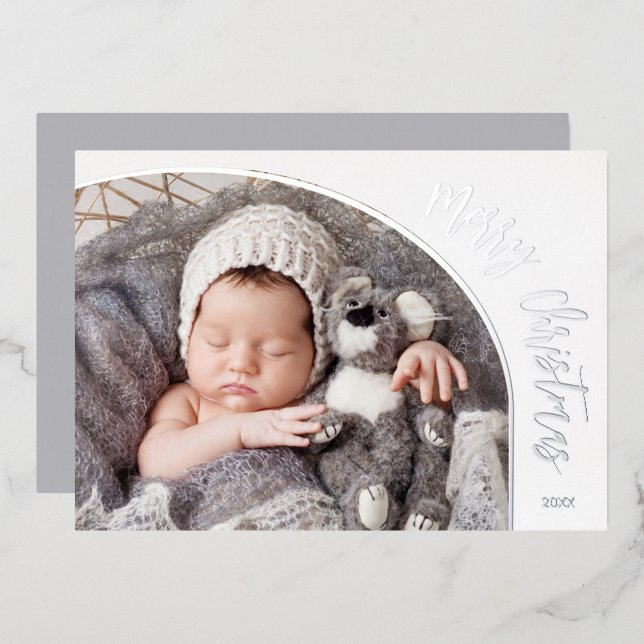 Silver Merry Christmas Script Foil Holiday Card (Front/Back)