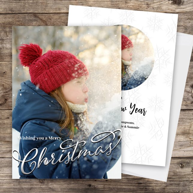 Silver Merry Christmas Script Photo  Holiday Card (Merry Christmas Silver Calligraphy Script Photo Card)