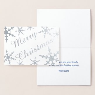 Silver Merry Christmas Script Snowflakes Foil Card