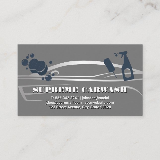 Silver Metal Auto Logo | Car Wash Tools  Business Card (Front)