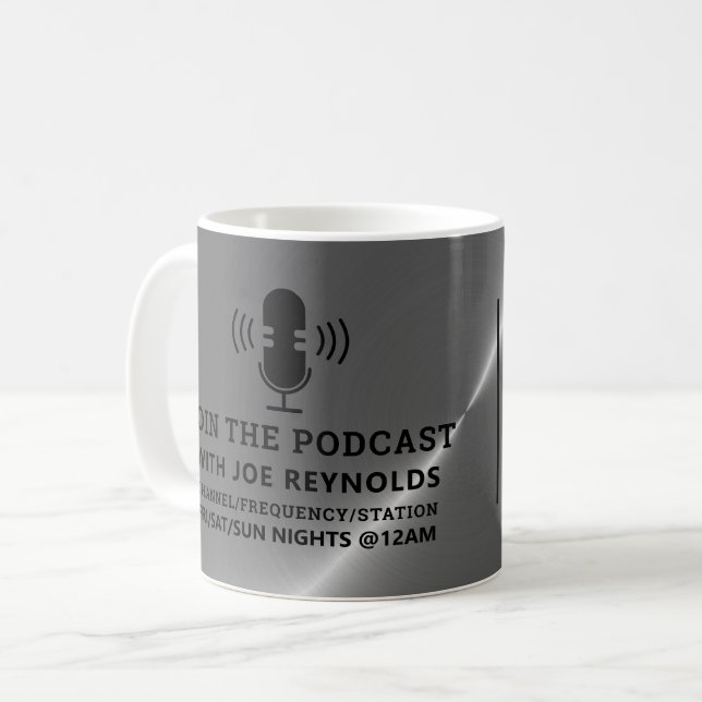 Silver Metal Effect, Podcaster, Podcast Advert Coffee Mug (Front Left)