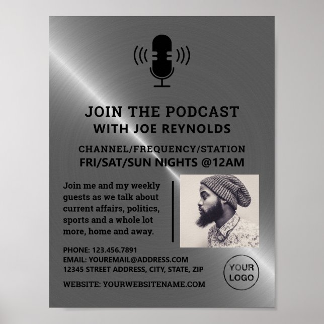 Silver Metal Effect, Podcaster, Podcast Poster (Front)