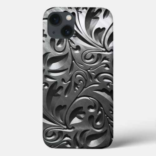 Silver metal engraved look abstract gray steel iPhone 13 case