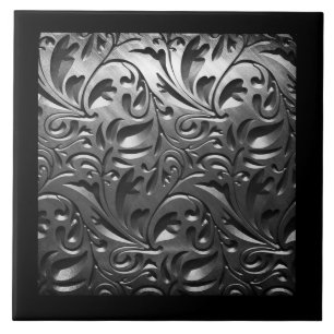 Silver metal engraved look abstract gray steel ceramic tile