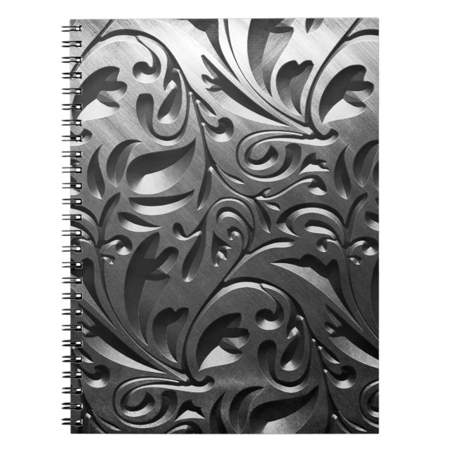 Silver metal engraved look abstract gray steel notebook (Front)