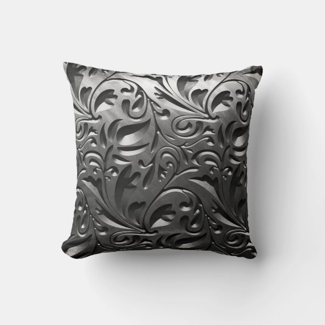 Silver metal engraved look abstract gray steel throw pillow (Front)