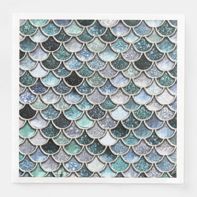 Silver Metal Foil Glitter Mermaidscales Scales Paper Dinner Napkins (Front)