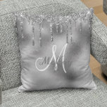 Silver Metal Glitter Drips Monogram Family Name Throw Pillow<br><div class="desc">This design was created through digital art. It may be personalized by clicking the customize button and changing and add a name, initials or your favorite words. Contact me at colorflowcreations@gmail.com if you with to have this design on another product. Purchase my original abstract acrylic painting for sale at www.etsy.com/shop/colorflowart....</div>