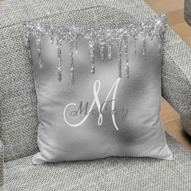 Silver Metal Glitter Drips Monogram Family Name Throw Pillow (Creator Uploaded)