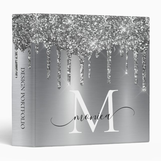 Silver Metal Glitter Drips Monogram Name 3 Ring Binder (Front/Spine)