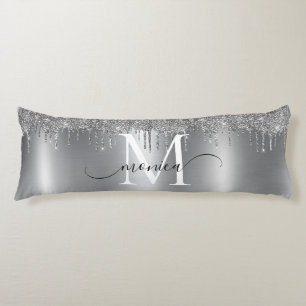 Silver Metal Glitter Drips Monogram Name Body Pillow