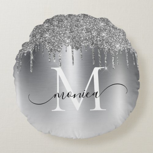 Silver Metal Glitter Drips Monogram Name Round Pillow