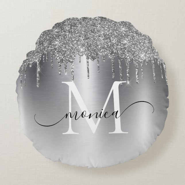 Silver Metal Glitter Drips Monogram Name Round Pillow (Front)