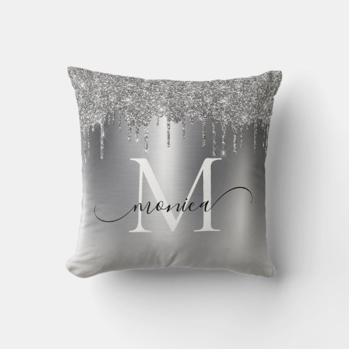 Silver Metal Glitter Drips Monogram Name Throw Pillow