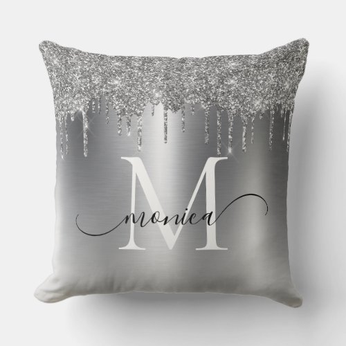 Silver Metal Glitter Drips Monogram Name Throw Pillow