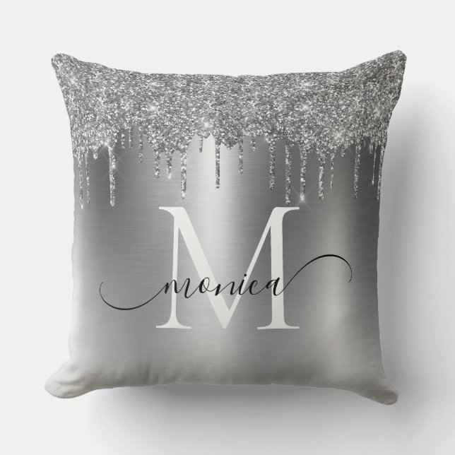 Silver Metal Glitter Drips Monogram Name Throw Pillow (Front)