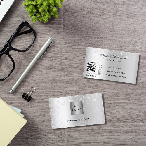 Silver metal glitter dust logo QR code Business Card